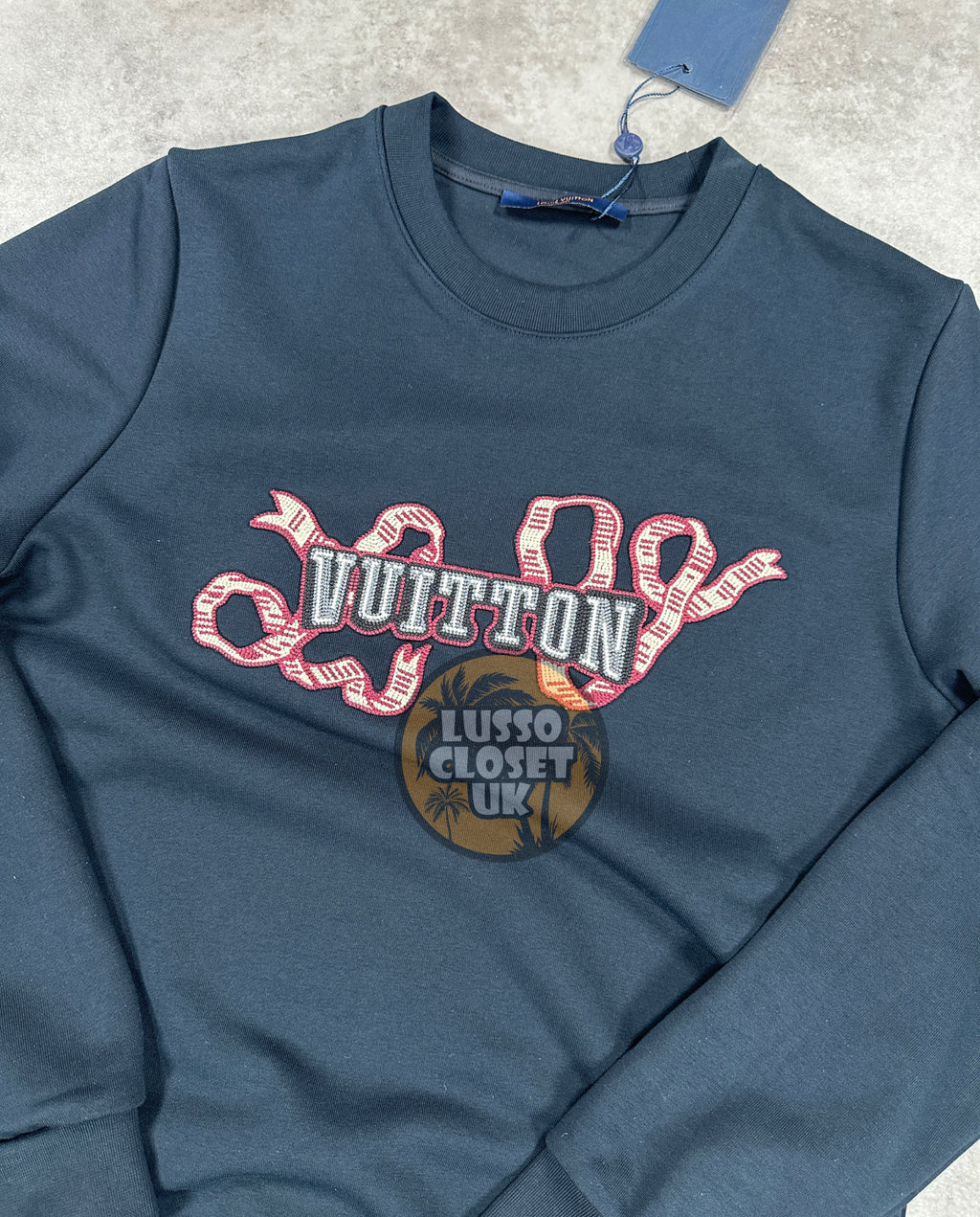 Lou - Navy Embroidered Scarf Sweater